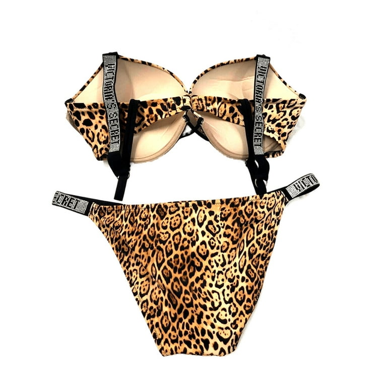 Victoria’s Secret Bombshell Push-up Add 2 Cup Size Leopard Shine Strap  Bikini Swim 2 Piece Set 36D, Large NWT
