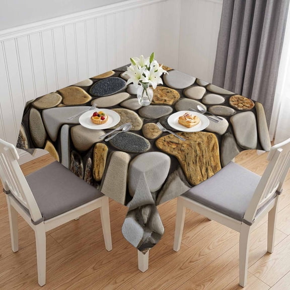 Stones Table Cloth Waterproof Tablecloths, Gravel Rock Cobblestone Natural Pattern Art Tablecloth Dining Table Cover for Kitchen Party Tabletop Outdoor, Square Tablecloth 60x60 Inch