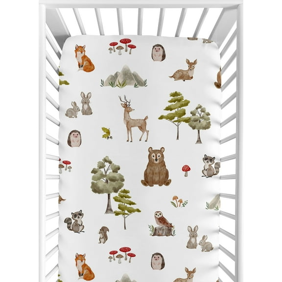 Sweet Jojo Designs Watercolor Woodland Forest Animals Green Brown White Fitted Crib Sheet