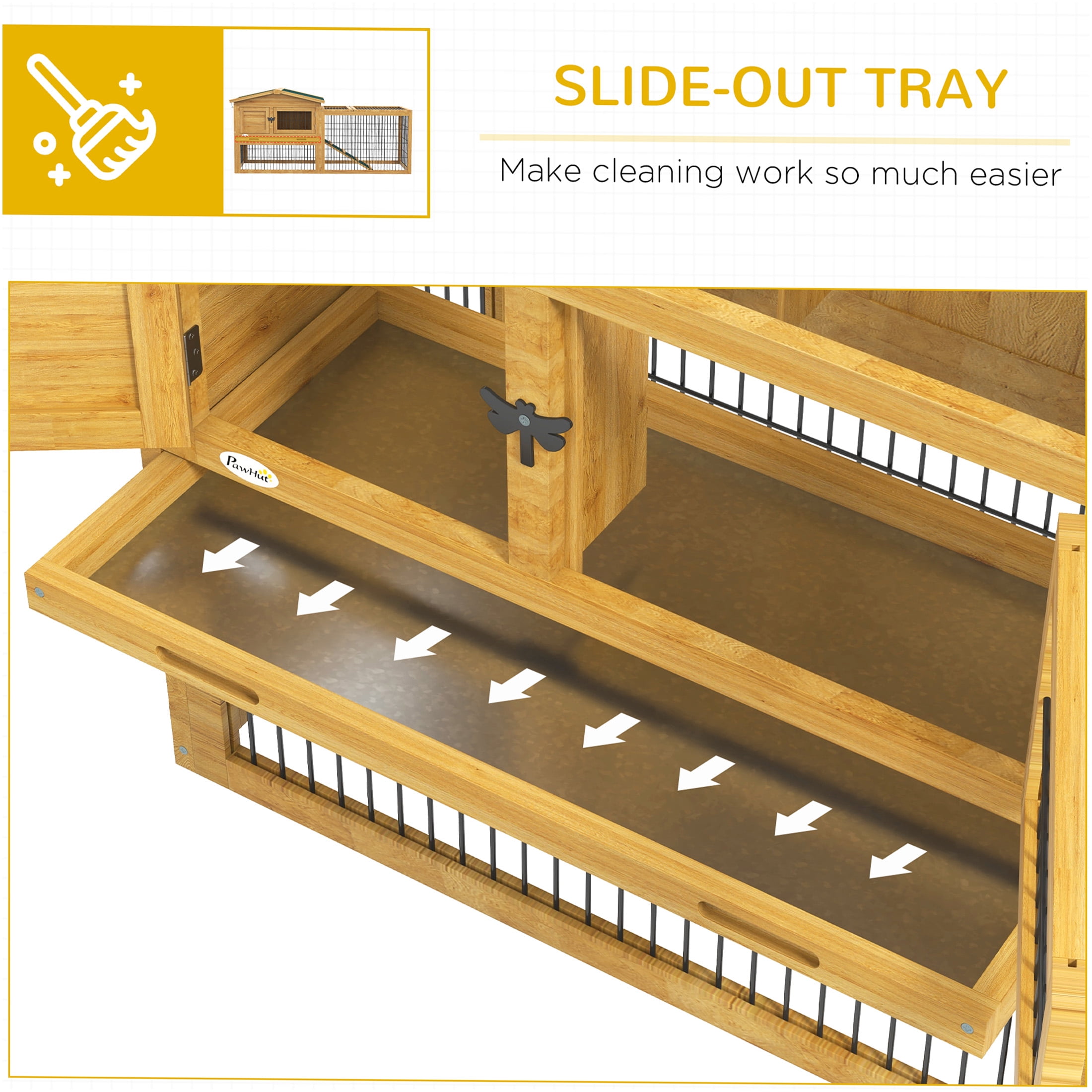 JERFIT 59 Inch Large 2-Story Outdoor Rabbit Hutch with Openable Roof & Removable Tray, Weatherproof Wooden Bunny Cage with Ramp, Yellow