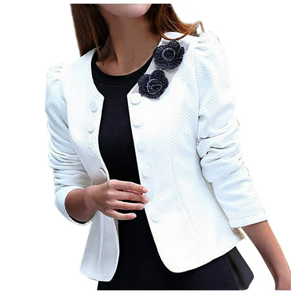 SuDongPo Women's Warm Jackets Solid Color Long Sleeve Round Neck Slim Fitting Double Breasted Suit With Roses Loose Casual Outerwear Fall Winter Ladies Jackets