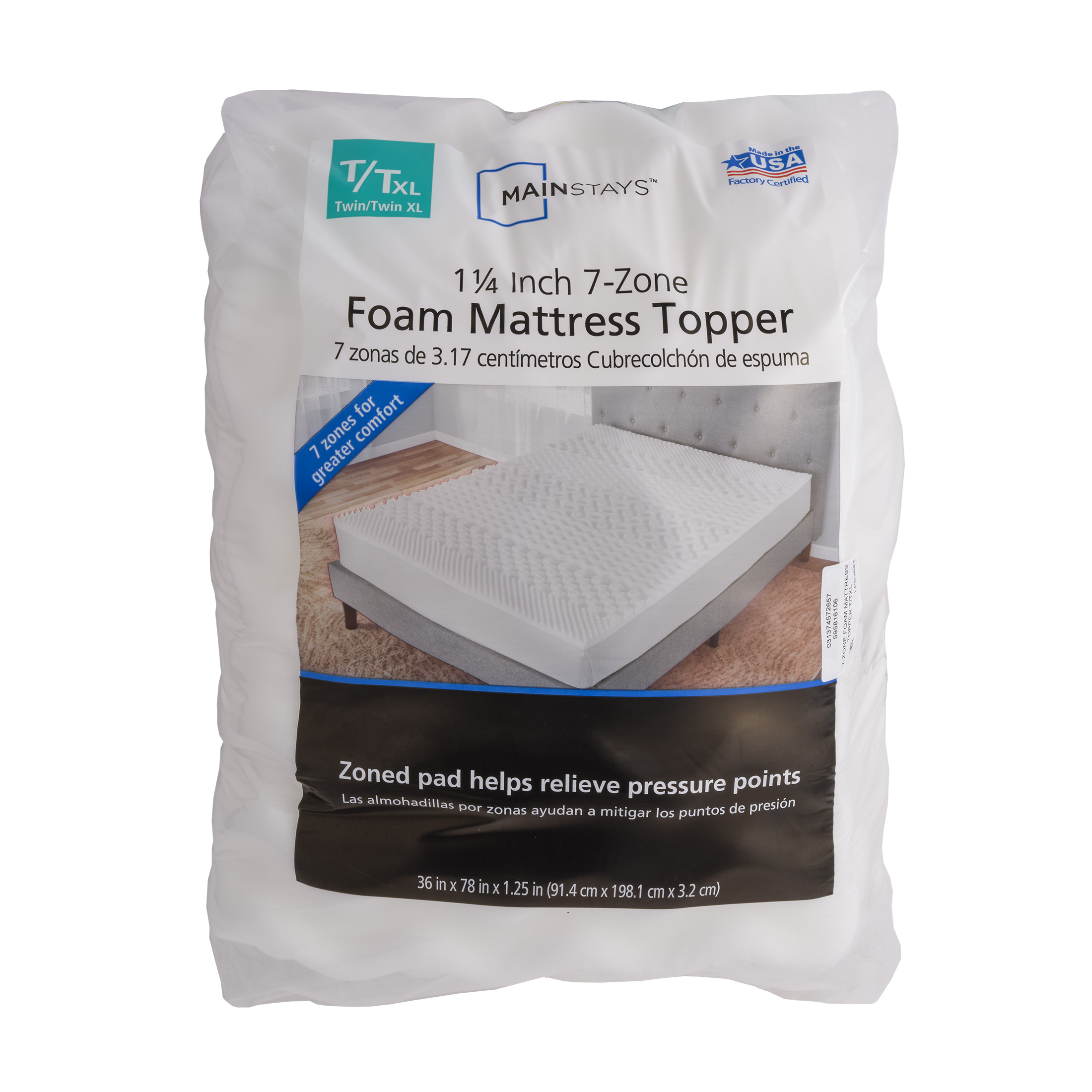 Mainstays 1.25-Inch 7-Zone Foam Mattress Topper, Twin/Twin XL, White photo 6