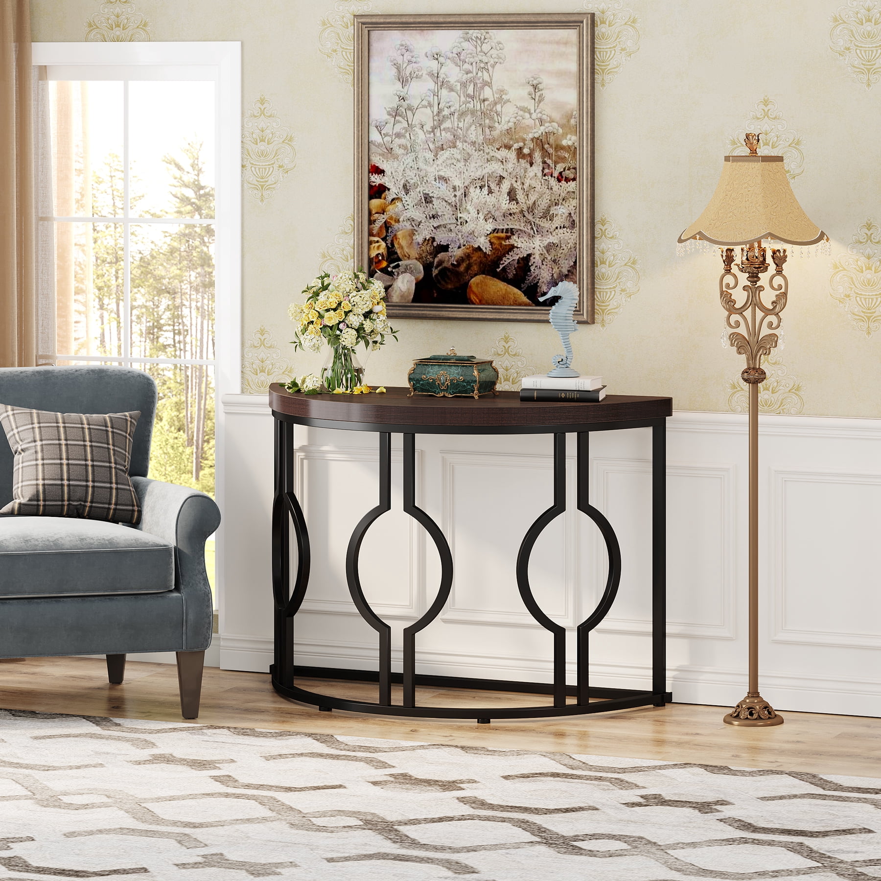 Fnova 43" Industrial Entryway Console Table, Half Moon Semi-Circle Sofa Table with Geometric Metal Base, Wood Accent Table for Living Room, Hallway, Foyer, Entrance, Easy Assembly