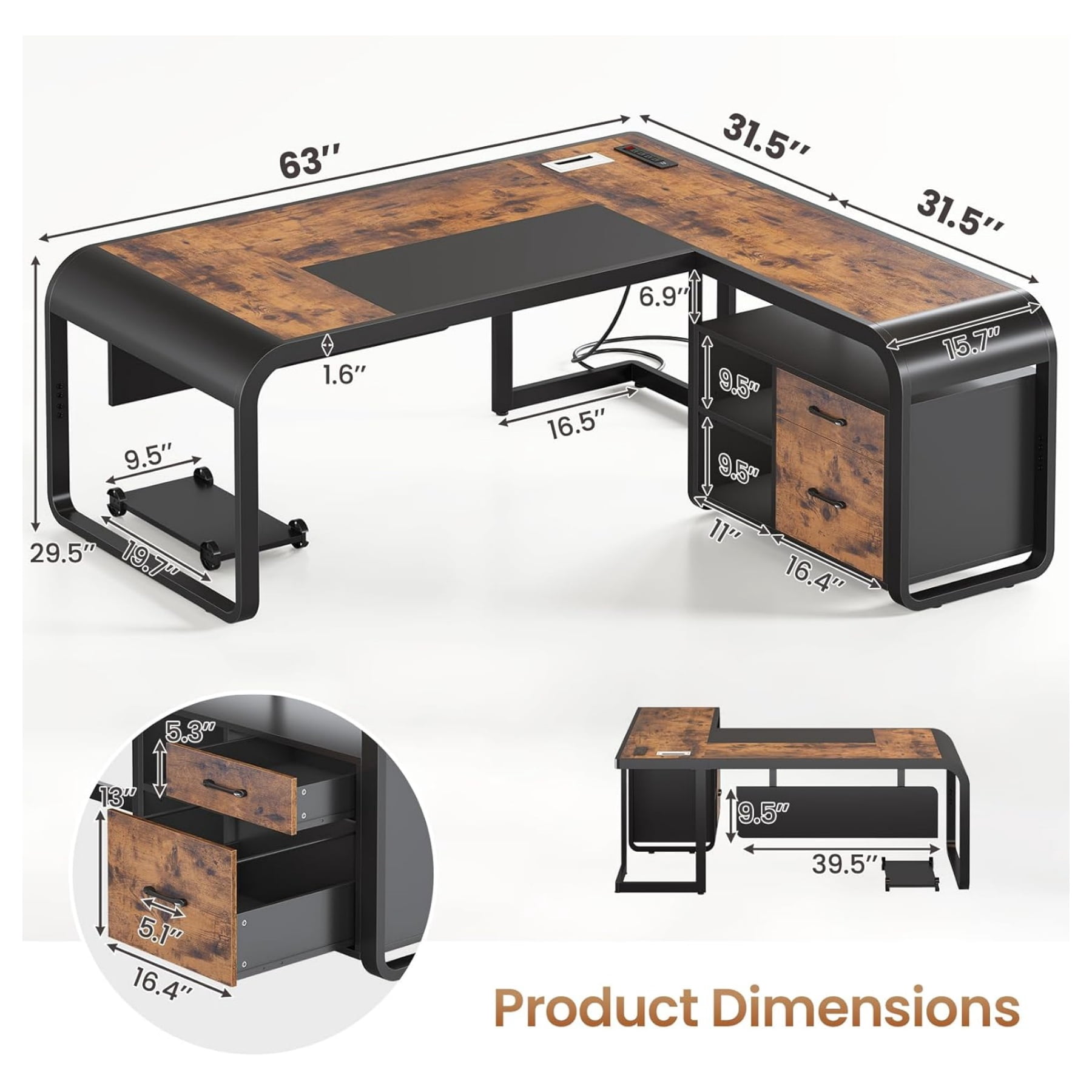 63" Executive Desk with Storage, L Shaped Desk with Power Outlets and CPU Stand, Home Office Desk with Drawers and Shelves, Modern Computer Desk, Rustic Brown