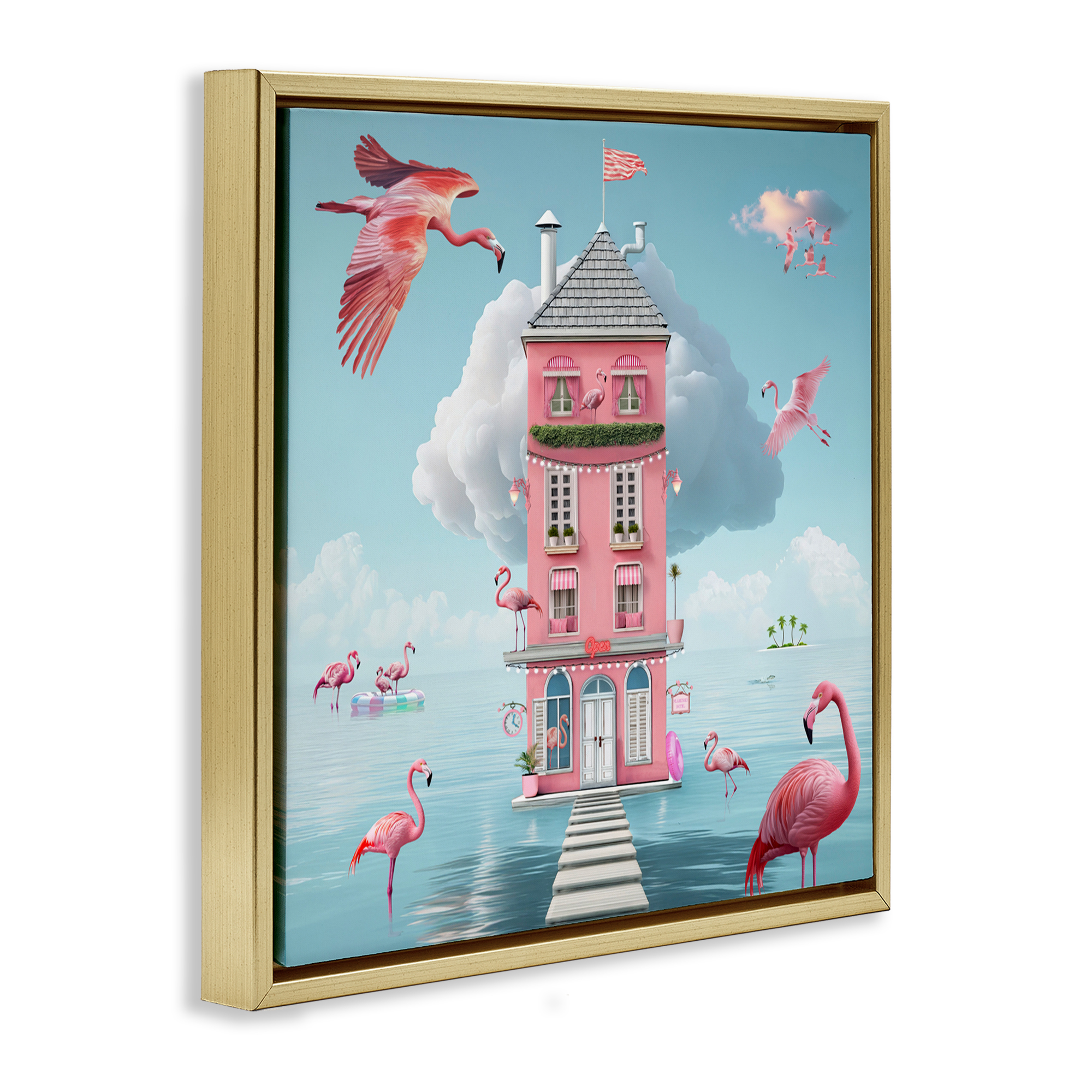 Flamingo Hotel on Water Gold Framed Floater Canvas Wall Art, design by Lori Lea Studios