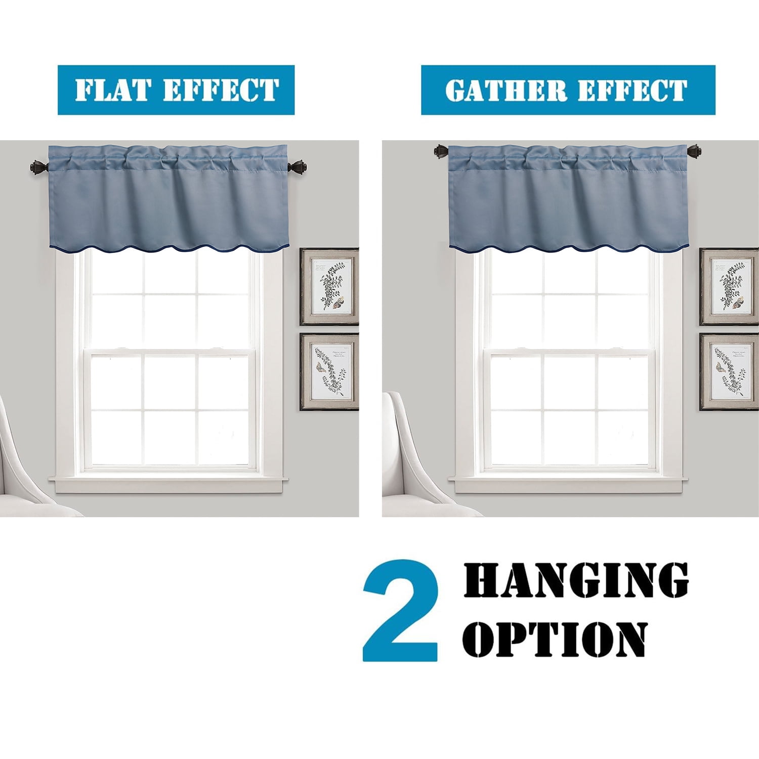 HIG 2 Panels Blackout Window Treatment Valances, 52"W x 18"L Color-Block Scalloped Valances, Decorative Rod Pocket Short Curtain Panel for Kitchen, Window, Bathroom, Blue