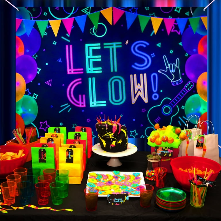 Glow Neon Birthday Backdrop - Glow in The Dark Let's Glow Banner