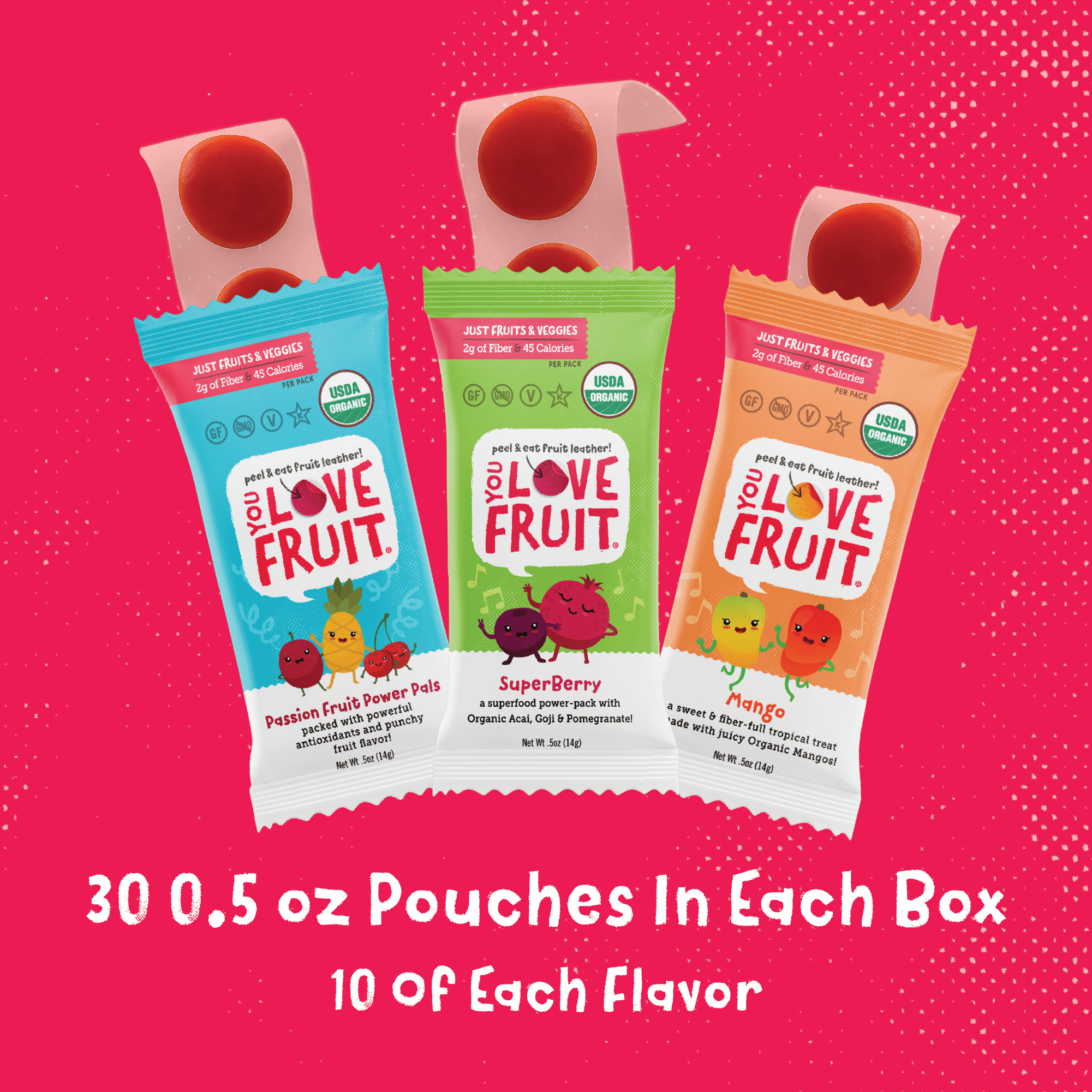 YOU LOVE FRUIT - Fruit Snacks Variety Pack 30 count 100% Natural Gluten-Free Vegan Low Carb Low Fat Fruit Kosher Snacks for Kids College Students Teachers and Offices Healthy