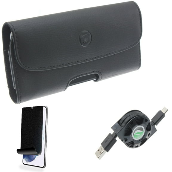 For Samsung Galaxy S21 (6.2") - Type-C Retractable USB Cable   [Fingerprint Works] TPU Film Privacy Screen Protector   Holster Leather Case Belt Clip