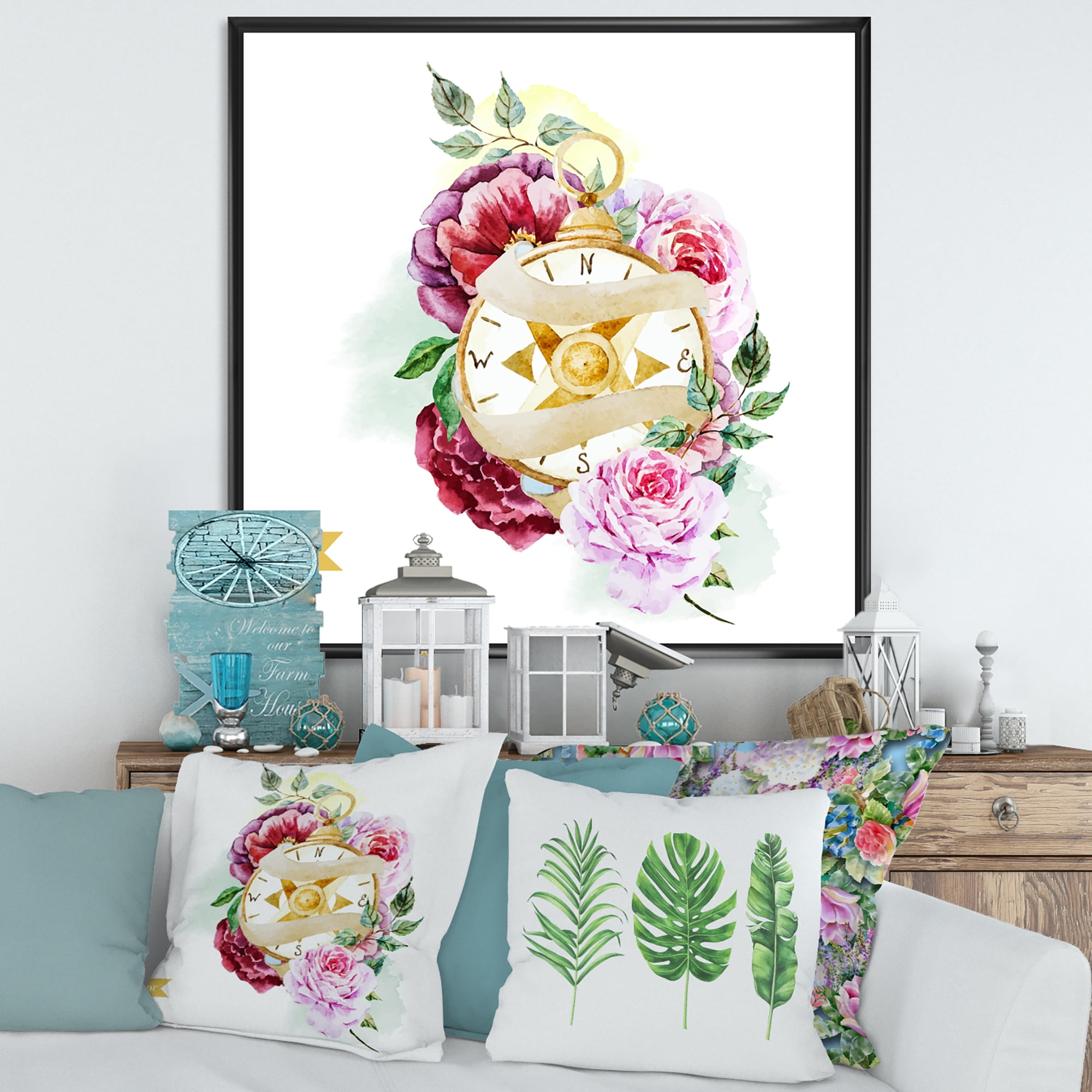 Designart 'Compass Among Flowers' Traditional Framed Canvas Wall Art Print