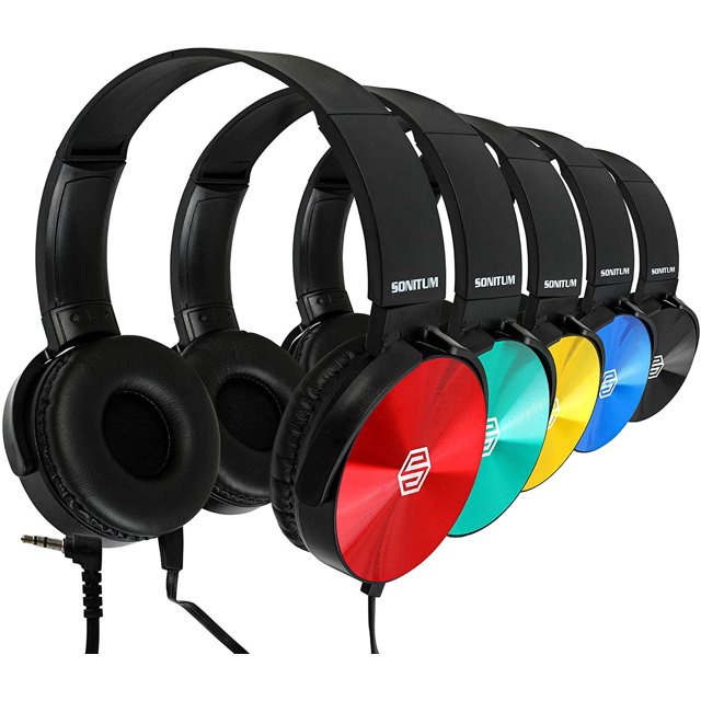 Auriculares para aula Lote 5, variados colores y giratorios, cómodos para biblioteca, escuela, avión, niños, aprendizaje y viajes en línea, reducción de ruido, sonido estéreo 3.5mm