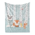 thumbnail image 1 of Woodsy Soft Flannel Fleece Blanket, Snowy Winter Theme in the Wild Nerdy Animals in Scarfs Merry Christmas, Cozy Plush for Indoor and Outdoor Use, 70" x 90", Pale Seafoam Multicolor, by Ambesonne, 1 of 5