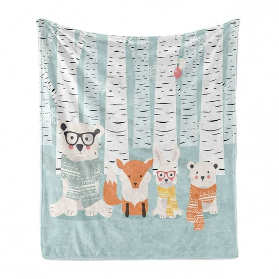 Woodsy Soft Flannel Fleece Blanket, Snowy Winter Theme in the Wild Nerdy Animals in Scarfs Merry Christmas, Cozy Plush for Indoor and Outdoor Use, 70" x 90", Pale Seafoam Multicolor, by Ambesonne