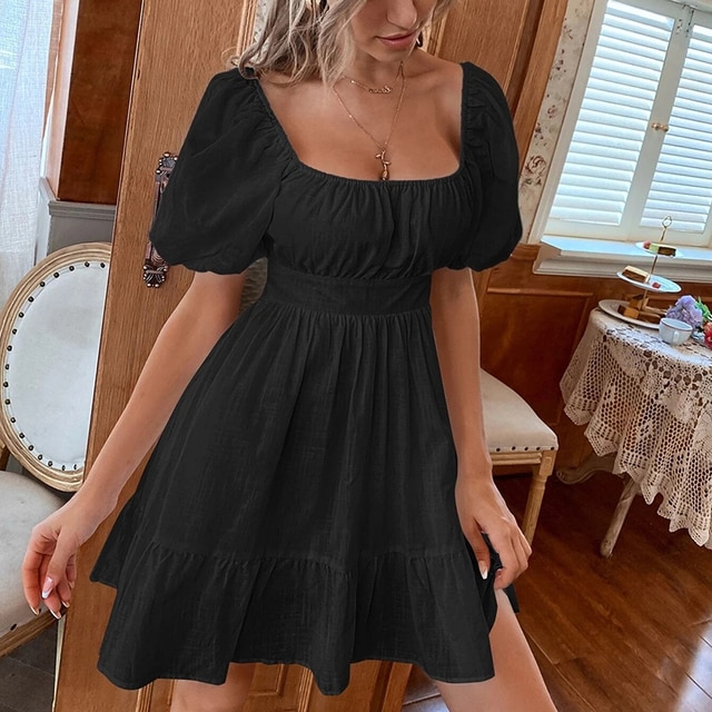 Puff Sleeve Lace Up Backless Dress