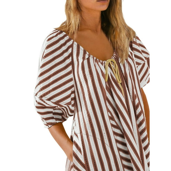 Womens Oversized Striped Romper Dress Shorts Jumpsuit Beach Vacation Clothes with Pockets Coffee Color S
