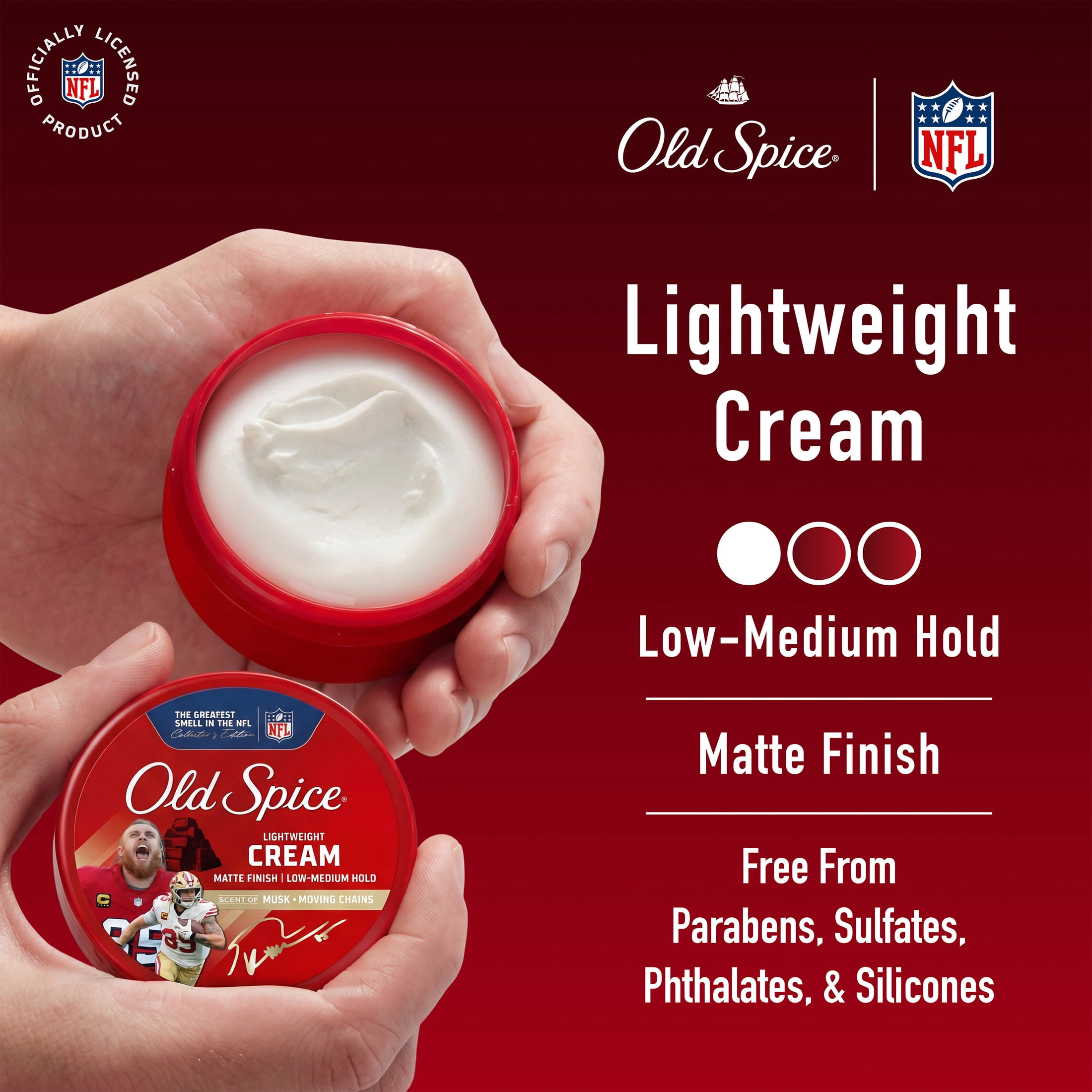 Old Spice Lightweight Styling Cream, A Kittle Goes A Long Way,  Low-Medium Hold, Matte Finish, NFL Collection, 2.22 oz