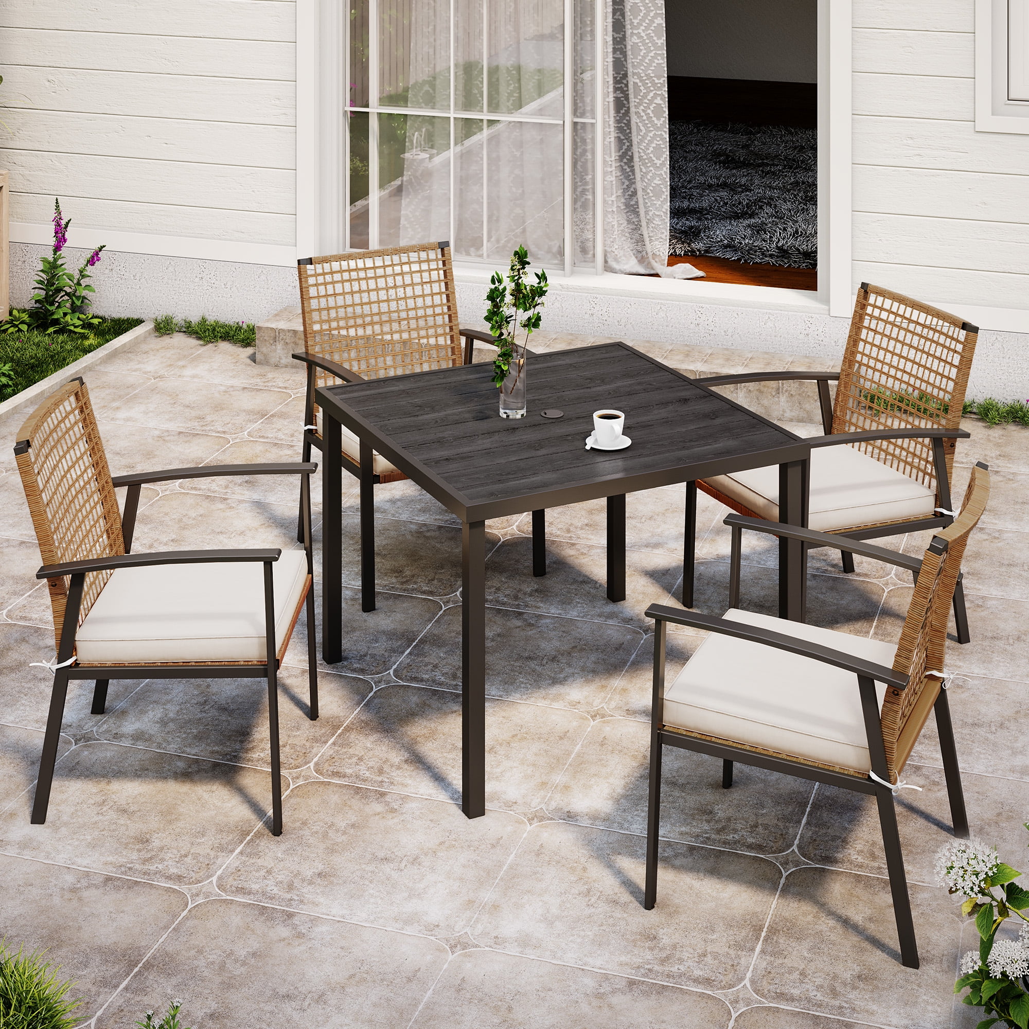 LAUSAINT HOME 5 Pieces Patio Dining Set, 4 PE Wicker Chairs with Seat
