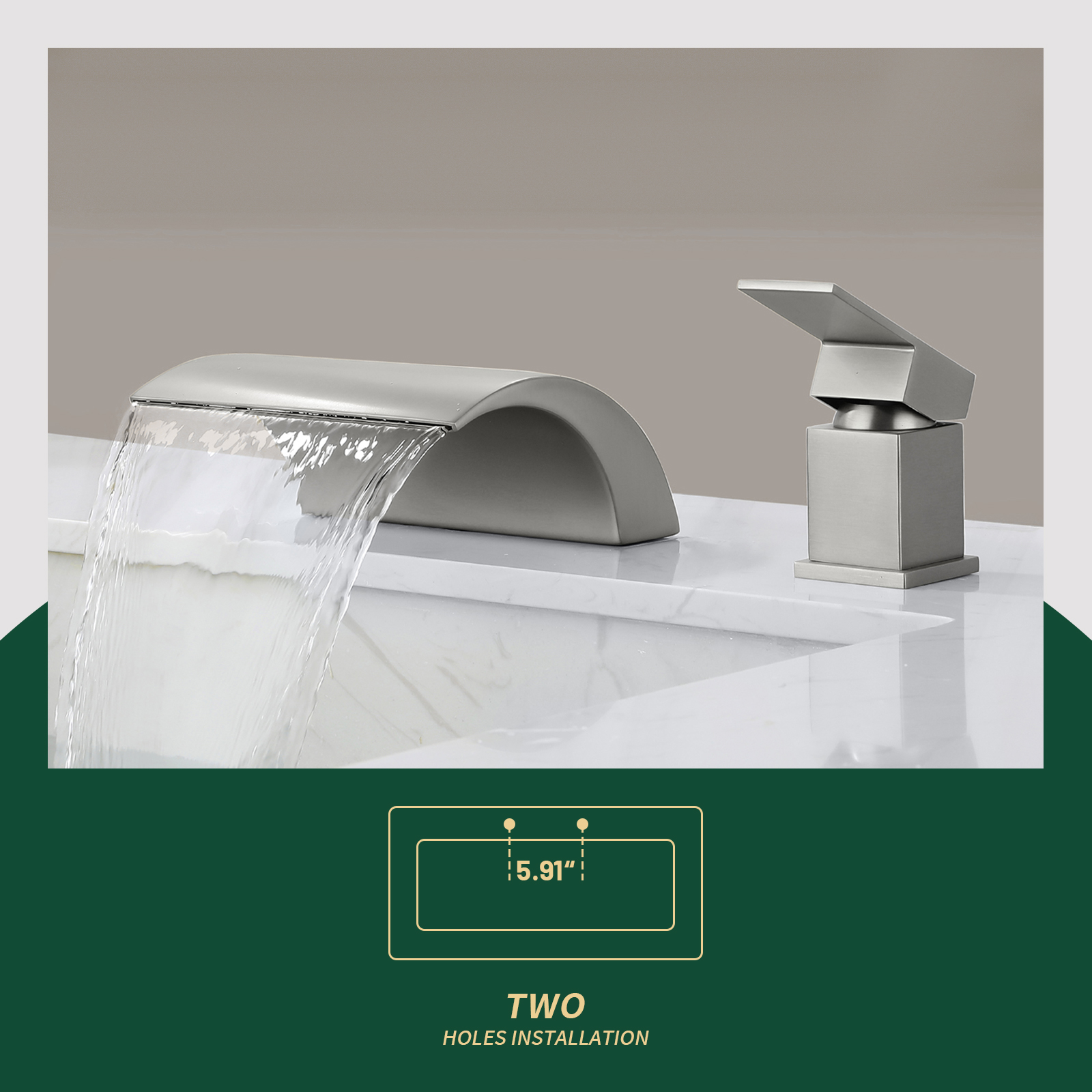 Cobbe 2-Hole Mount Bathroom Sink Faucet Single Handle Bathroom Faucet with Waterfall Spout Brushed Nickel