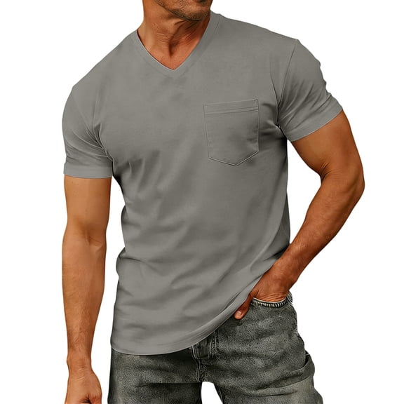 GrmtClth Mens Shirts Classic Fit V Neck Top Breathable Short Sleeve T-Shirts Fashion with Pocket Clothing Gray 2XL