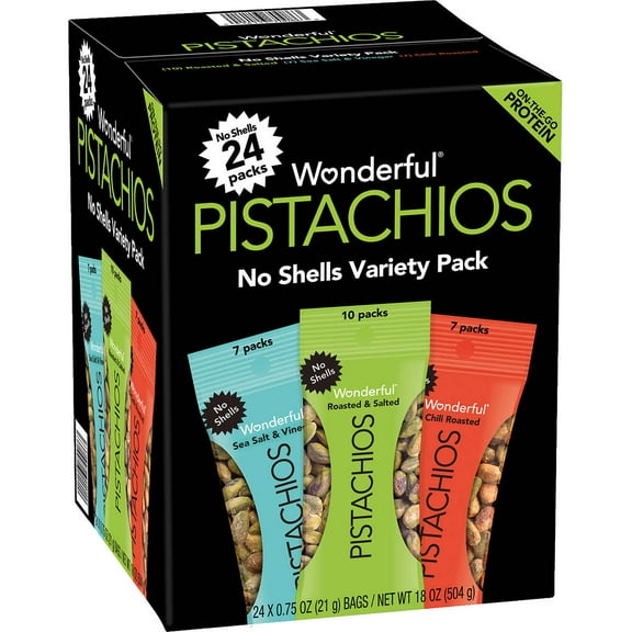 Wonderful Pistachios Variety Pack No Shells 0.75 oz. 24 Bags/Box (070146A29V)