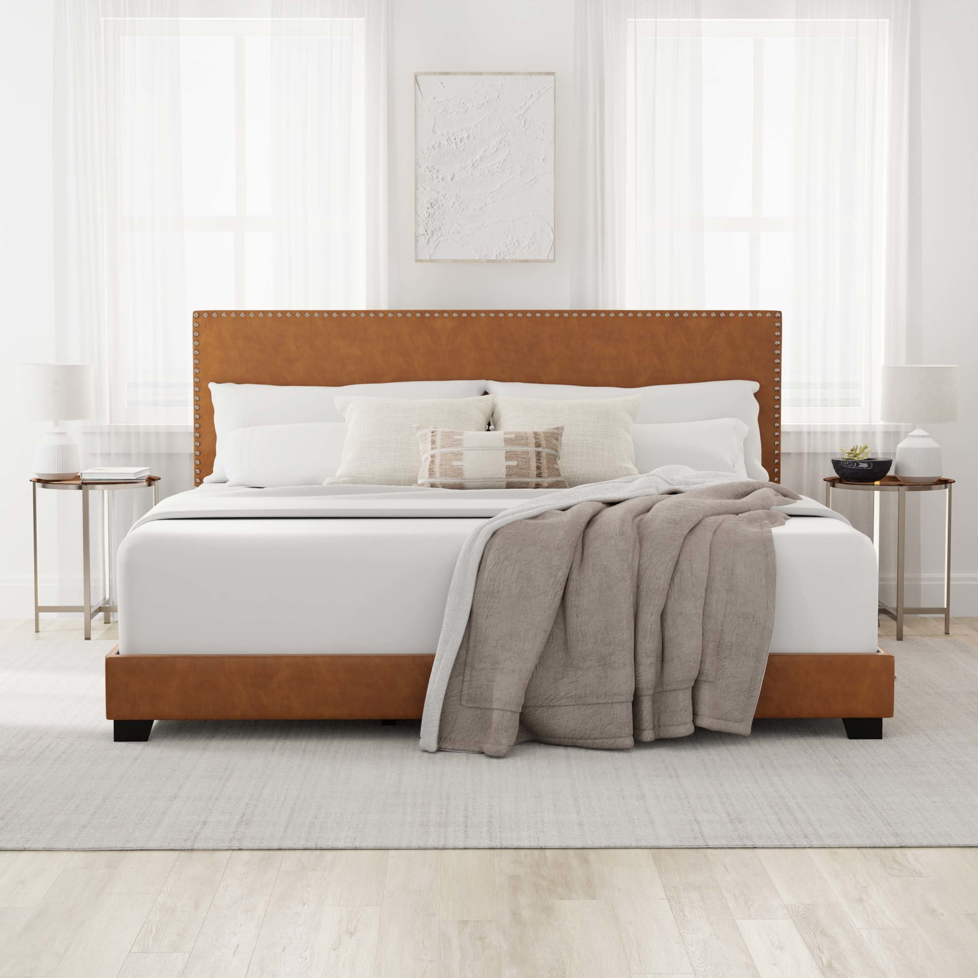 Willow Nailhead Trim Upholstered King Bed, Saddle Brown Faux Leather