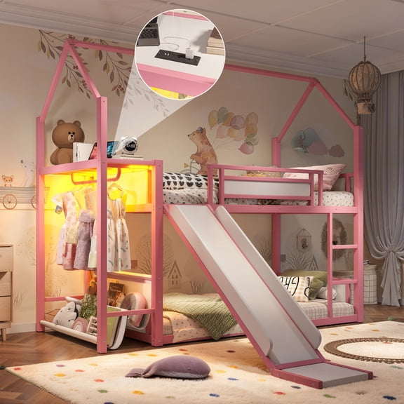 Bellemave Twin Over Twin Bunk Bed with Slide, LED Light, Power Outlet, Clothing Hanging Area, Metal Floor House Loft Bed Frame with Fabric Storage Shelf and Play Area for Kids Girls boys（Black)