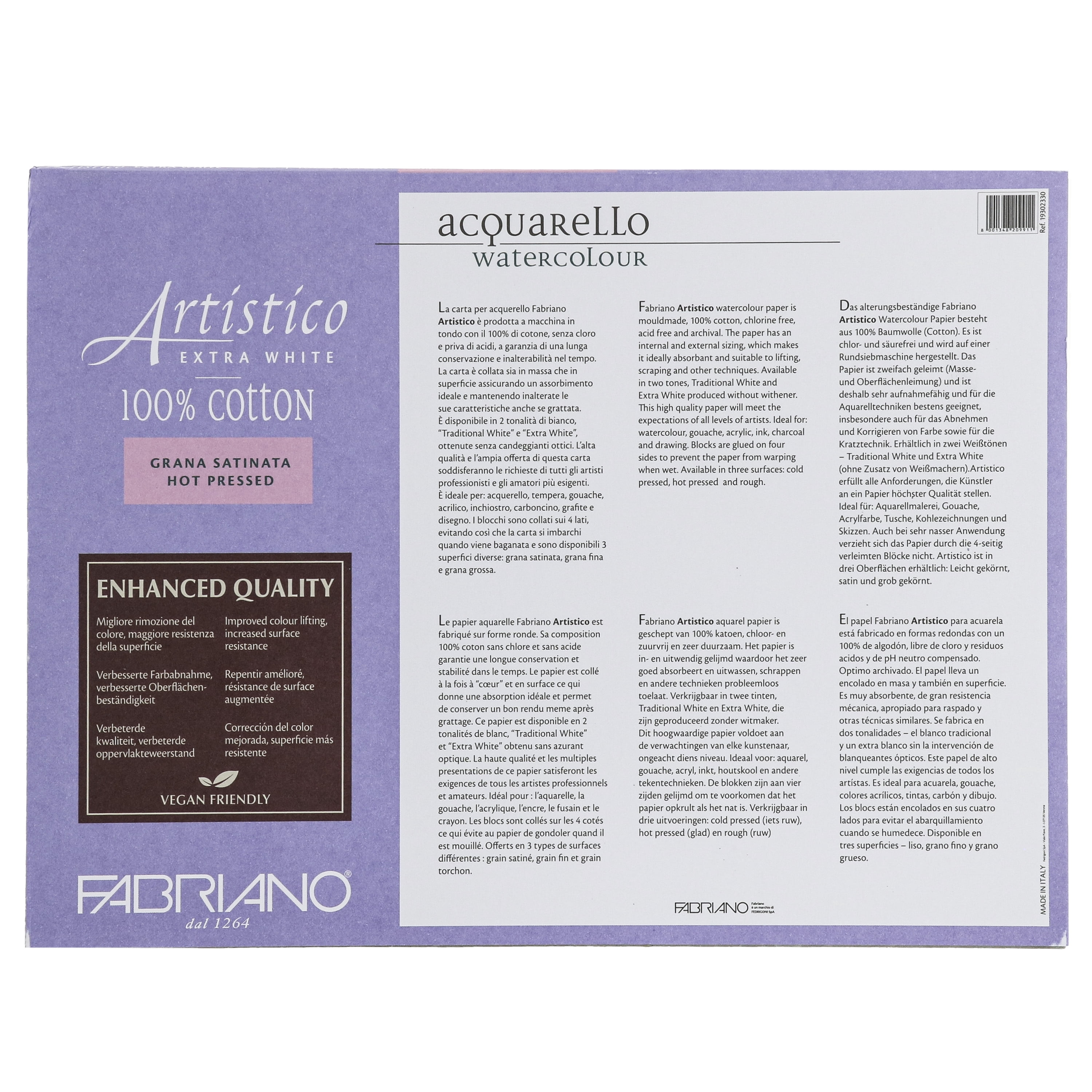 Fabriano Artistico Extra White Watercolor Block, 140 lb./300 gsm, Hot Press, 20 Sheets, 9" x 12"