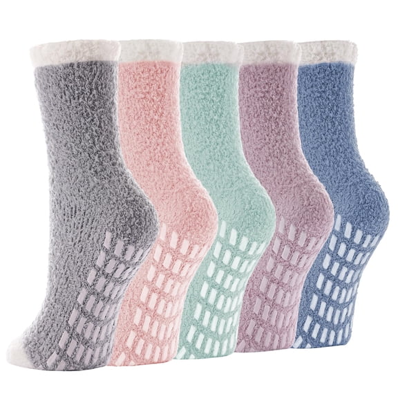 Miaocao 5 Pairs Fuzzy Socks with Grips for Women, Non Slip Cozy Fluffy Soft Socks, Winter Sleep Slipper Hospital