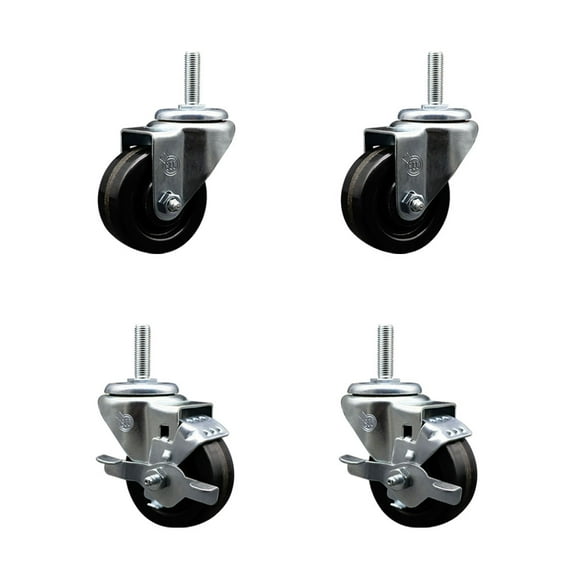 3 Inch Phenolic Wheel Swivel 5/8 Inch Threaded Stem Caster Set 2 Brakes SCC