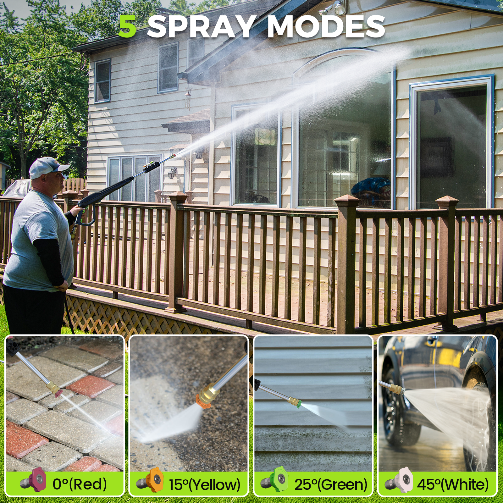 1800W Electric Pressure Washer, 5000PSI Max 3.0 GPM with 4 Nozzles, Portable High Pressure Cleaning Machine Washer with 25FT Cord, 23FT Hose, for Cars, Driveways, Fences, Patios - Green