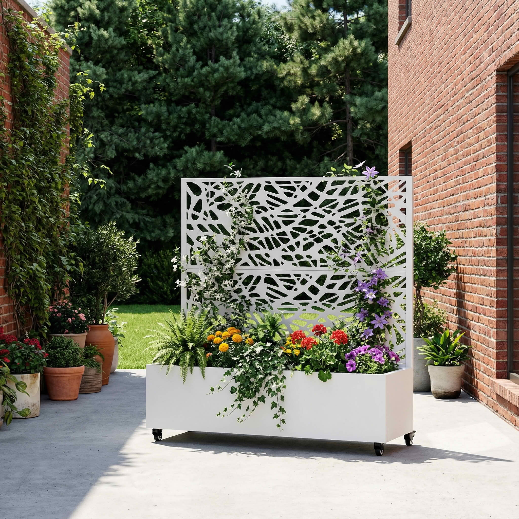 MAYEERTY 47X47" Metal Outdoor White Privacy Screen with Planter Box for Backyard & Garden, 2 Piece Set