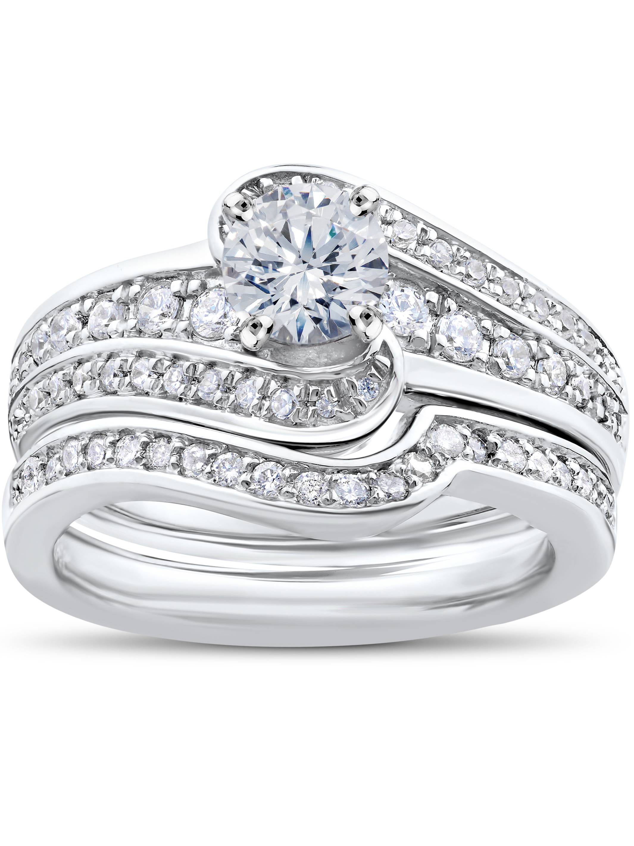 14K White Gold Sterling Silver Diamond Wedding Set Bridal Engagement Rings 