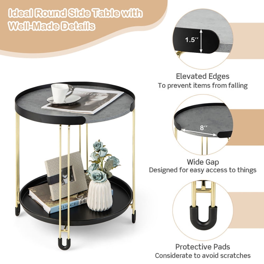 Finihen End Table, 2-Tier Round Side Table with Removable Tray and Metal Frame for Small Space, Sofa Side Table, Bed Side Table, for Living Room, Bedroom, Black