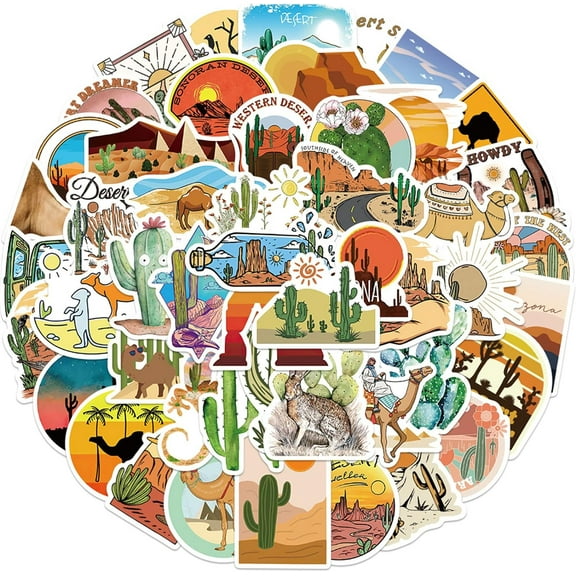 Desert Adventure Stickers 50 Pcs Cactus Natural Scenery Vinyl Waterproof Desert Camel Sticker Pack for Water Bottle Laptop Guitar Skateboard Car Bike Motorcycle Suitcase Luggage for Adults Teen