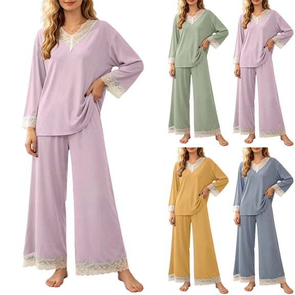 YYDGH Pajamas Sets for Women Two Piece Lounge Outfits Lace Trim V Neck Top Long Sleeve Tops and Wide Leg Pants Sleepwear Loungewear Nightwear Suit