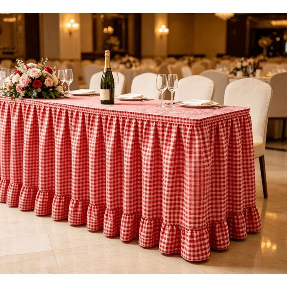 Ruffled Red Check Table Skirting, Wrap‑On Hanging Table Curtain With Attachment Strip, Dust‑Proof Table Cover For Ceremony Podium, Dinner Banquet, Celebration Display (Red)