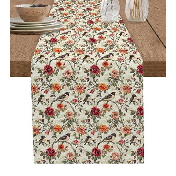 Ldtrchee Rose Flower Birds Table Runner 60 Inches, Rustic Country Floral Plant Spring Bed Runner Dresser Scarves Tabletop for Indoor Outdoor Parties/Ceremony/Banquet, 13" x 60"