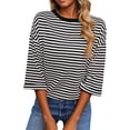 thumbnail image 2 of FASHOFT Cute Bow Back Tie Striped T Shirts for Women Cap Sleeve Casual Summer Top 3/4 Sleeve Crew Neck Tshirt Black L, 2 of 9