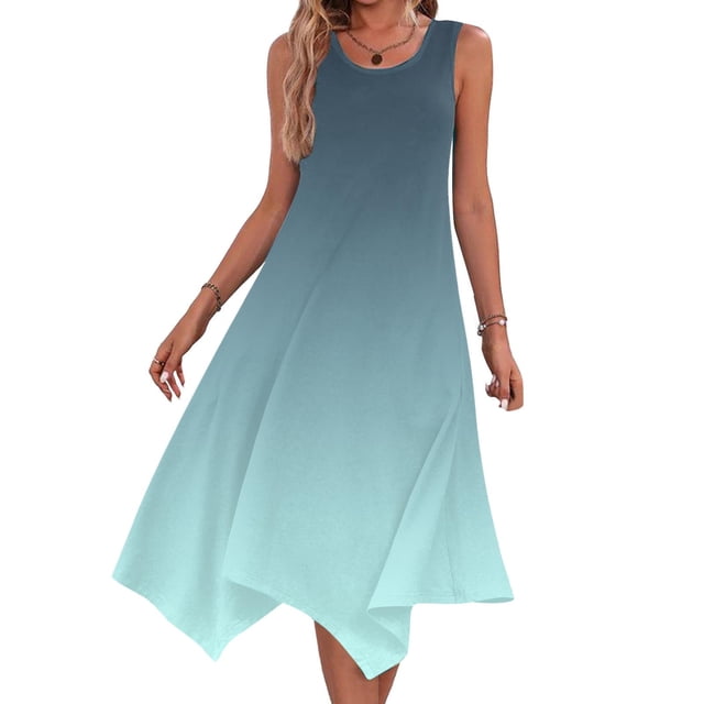 JMKQLZ Womens Dresses Sleeveless Round Neck Drawstring Casual Ruffle A-Line Mini Dress