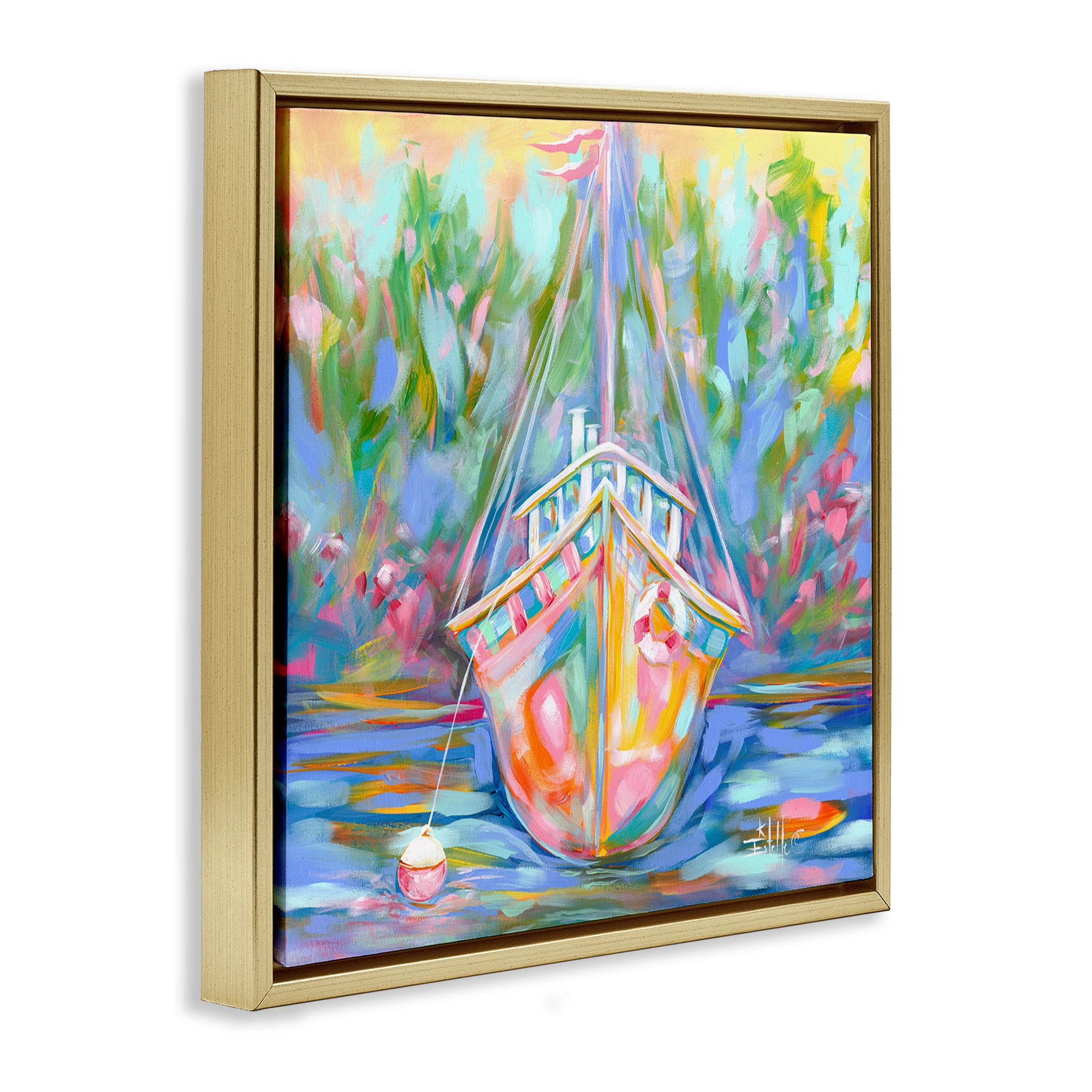 Stupell Industries Boat In Waiting Transportation Painting Gold Floater Framed Canvas Art Print Wall Art, 18 x 18