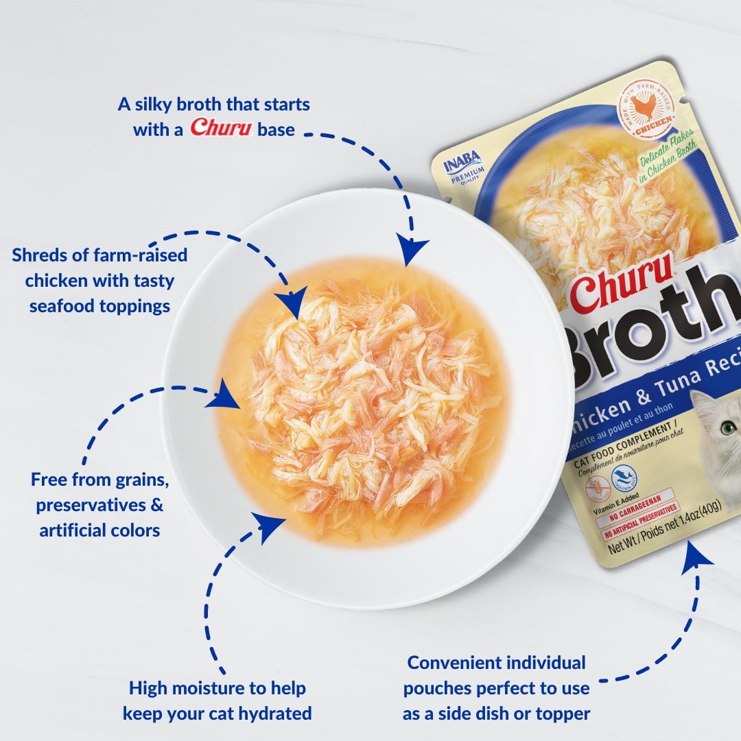 INABA Churu Broth for Cats - Chicken and Tuna Variety Pack - Chicken Recipe (3 Pouches) & Chicken & Tuna Recipe (2 Pouches) - Silky Broth with Free-range Shredded Chicken Side Dish Pouch, 30g per Pouc