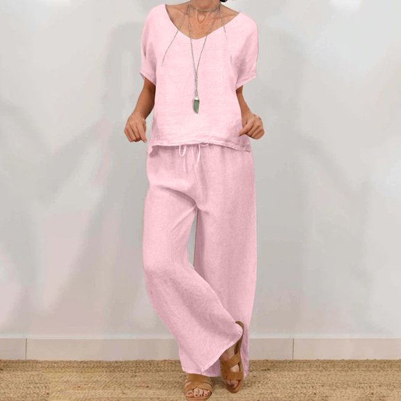 TaTaai Womens Beach Outfit Set Womens Loose Casual V Neck Pullover Short Sleeve Top With Long Pants Two Piece Suit Gift