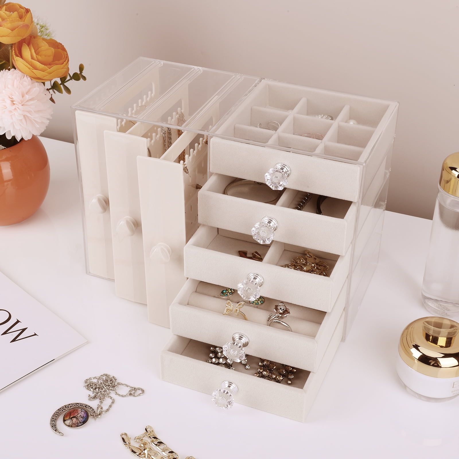 Btidfty Jewelry Organizer Stand Multifunctional Necklace Display Holder with 4 Drawer Jewelry Holder Box Large Capacity for Bracelets Earrings Rings