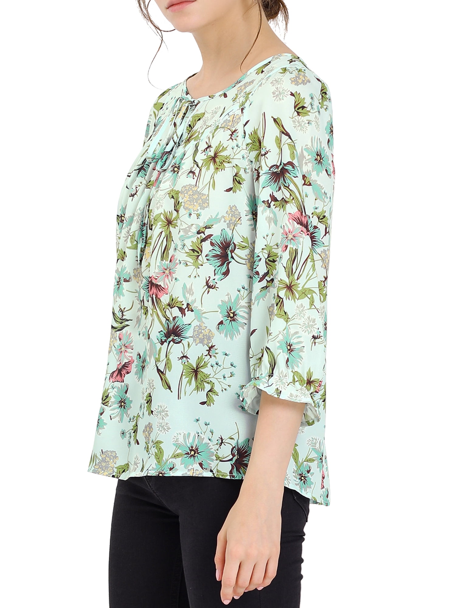 DARING DIVA Tie V Neck Boho Ruffled 3/4 Sleeve Blouse M Green