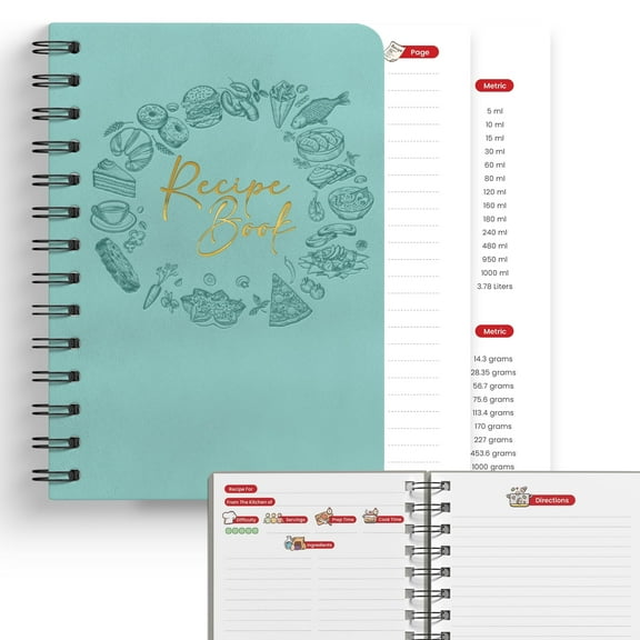 Recipe Book - Blank Cookbook Journal and Cooking Notebook to Write Your Own Recipes, A5 Size, 160 Pages (Sea Green)