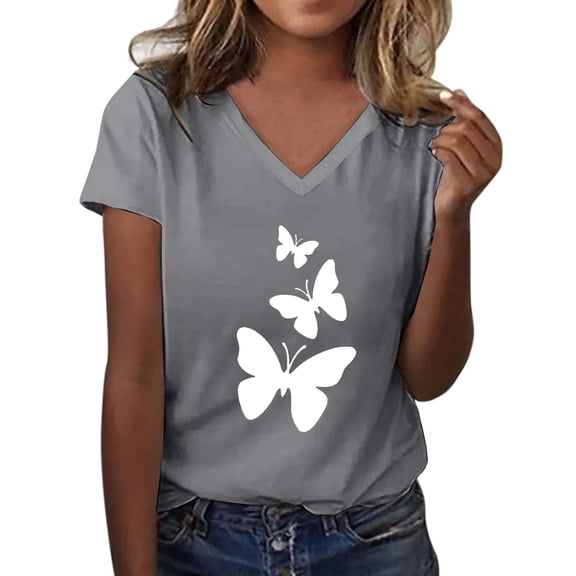 Womens Shirts Summer Fashion Casual V Neck Butterfly Print Top Short Sleeve T Shirt Womens Tops