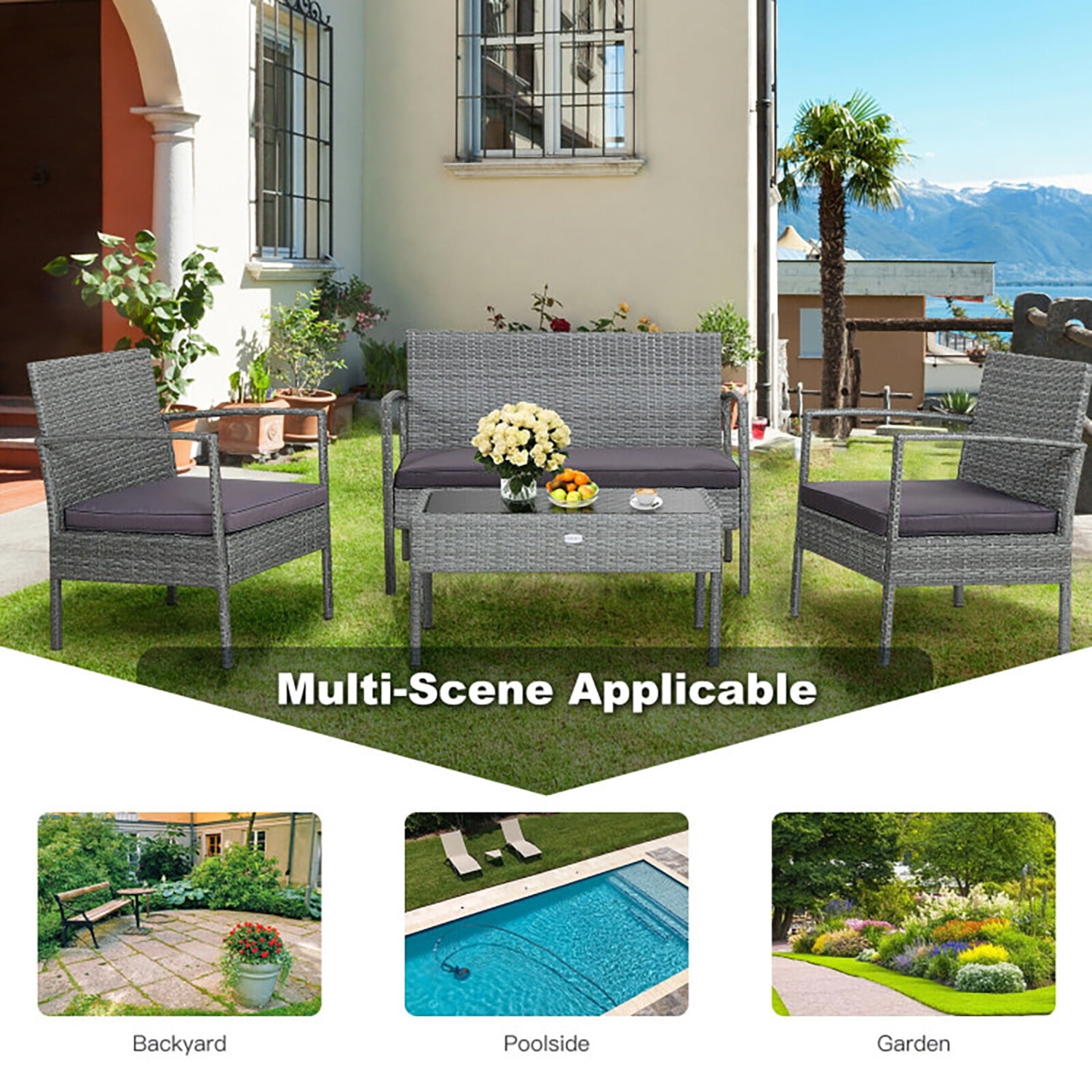 Aimee Lii Rattaner Outdoor Patio Furniture, 4 Pieces Patio Rattan Wicker Conversation Set Sofa Cushioned Wooden Tabletop, B-Gray Aimee Lii Rattaner Outdoor Patio Furniture, 4 Pieces Patio Rattan Wicker Conversation Set Sofa Cushioned Wooden Tabletop, B-Gray