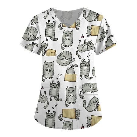 

Apepal Women Print Short Sleeve V-Neck Scrub Tops Working T-shirt