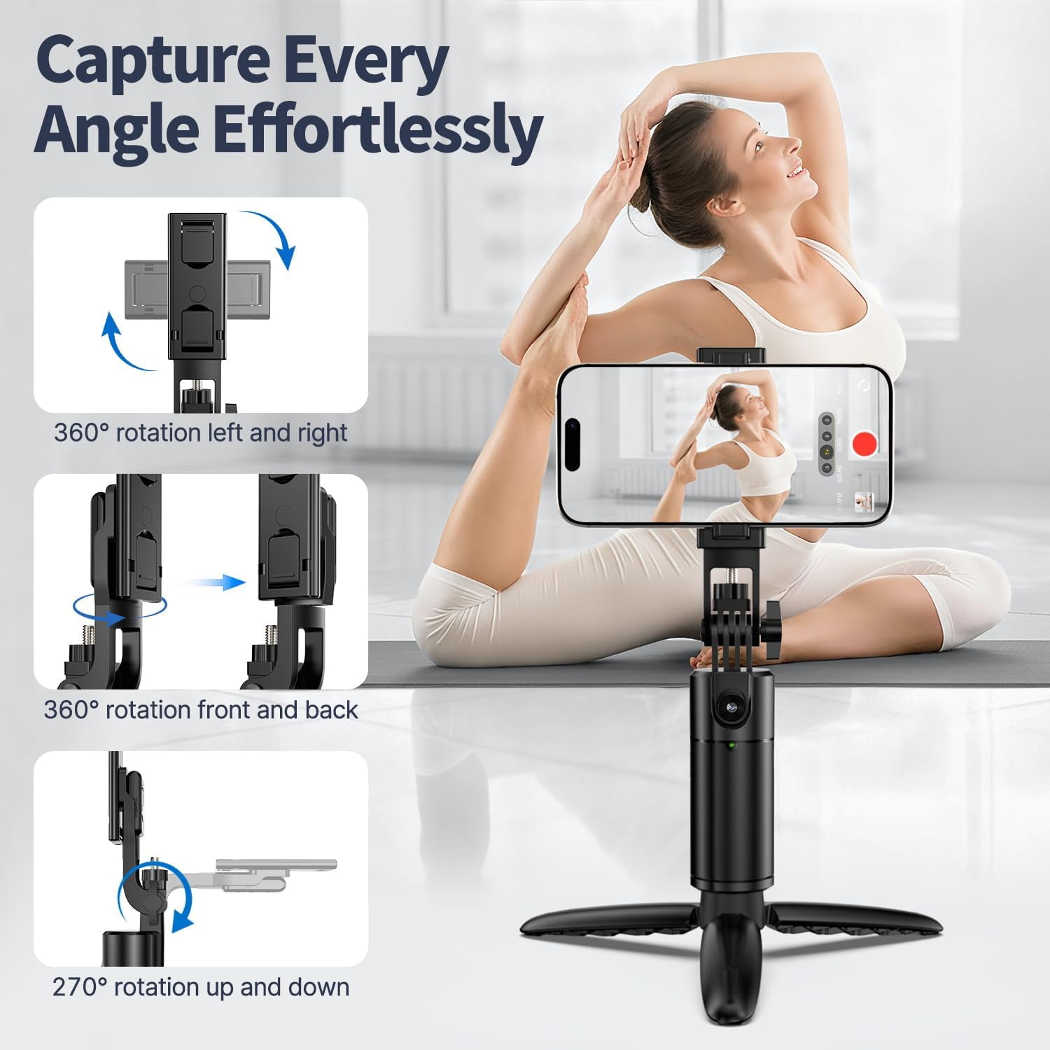 Auto Face Tracking Tripod 360 Rotation iPhone Desk Stand. Cell Phone Photo Vlogging Kit with Remote & Gesture Control. Rechargeable Smart Shooting Selfie Fill Light Stand for Live Record No App