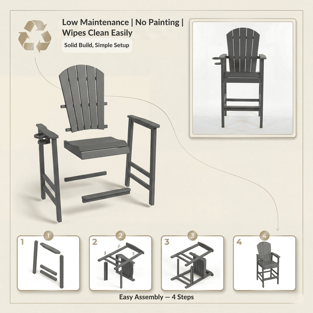 HDPE Bar Height Adirondack Chair with Cup Holder, All-Weather Outdoor Patio Bar Chair with Armrests, 1 Piece (Gray)